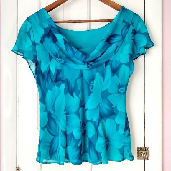 Studio I Blue Floral Blouse w/ Cowl Neck Back Sz 8 - Picture 5 of 8